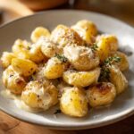 A close-up of creamy garlic baby potatoes, drizzled with sauce and sprinkled with herbs and cheese.