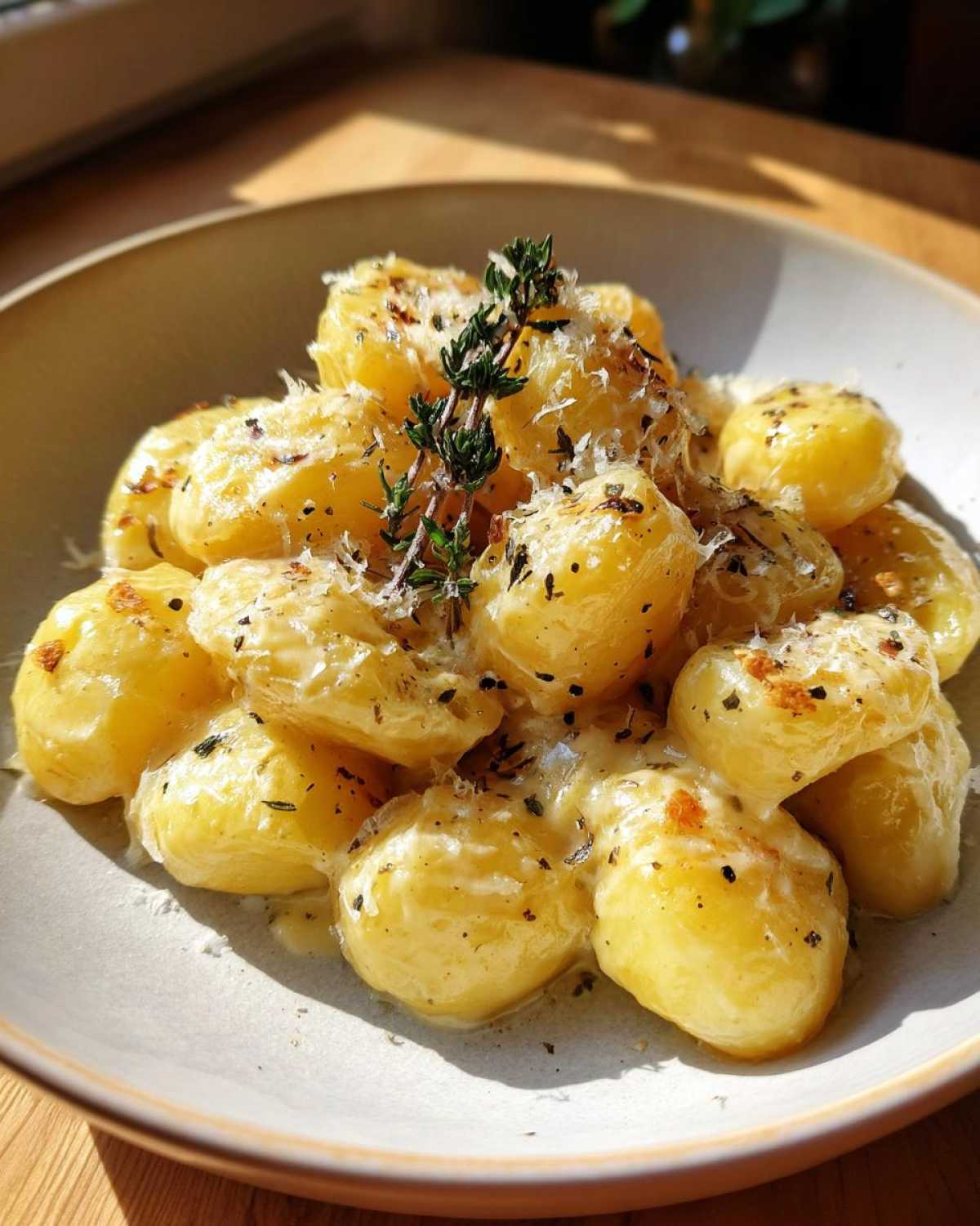 A close-up of a bowl filled with creamy garlic baby potatoes, topped with grated cheese and fresh herbs.