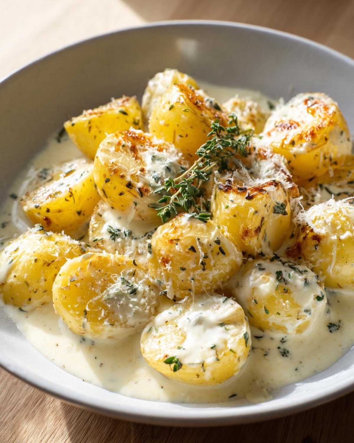 Close-up of creamy garlic baby potatoes, halved and coated in a rich sauce, sprinkled with cheese and fresh herbs.