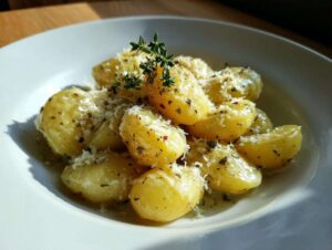 A close-up of creamy garlic baby potatoes topped with grated Parmesan cheese and fresh herbs.