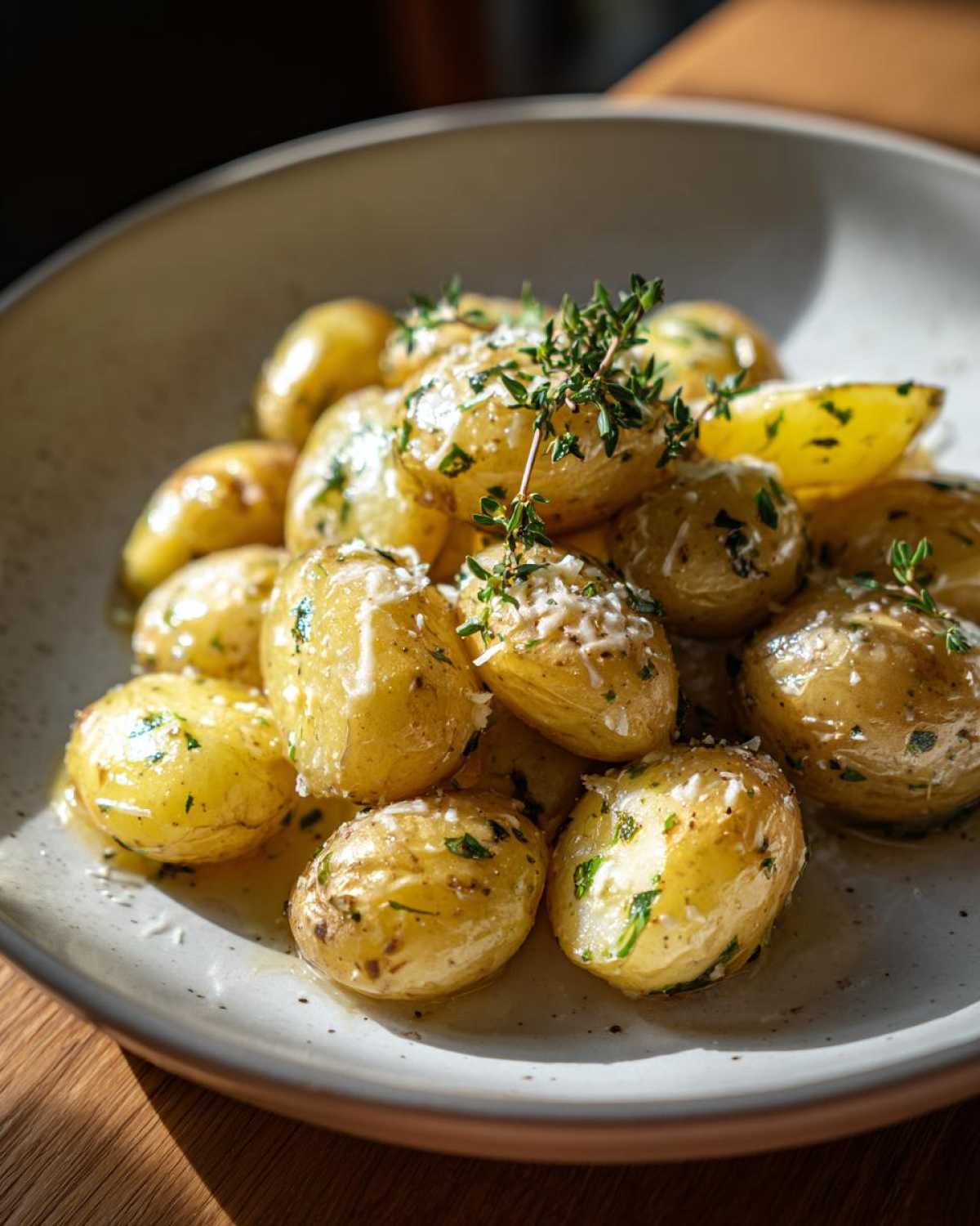 Close-up of creamy garlic baby potatoes topped with grated cheese and fresh herbs.