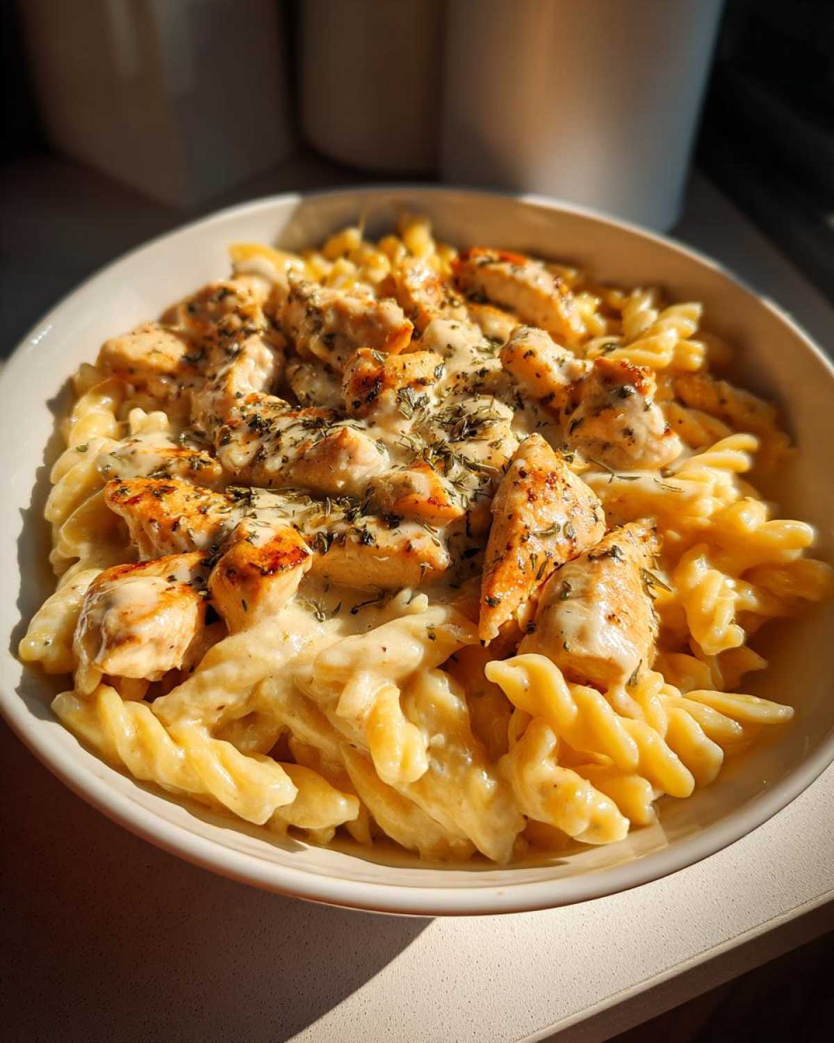 A close-up of a white bowl filled with creamy Garlic Parmesan chicken pasta, topped with seasoned chicken pieces.