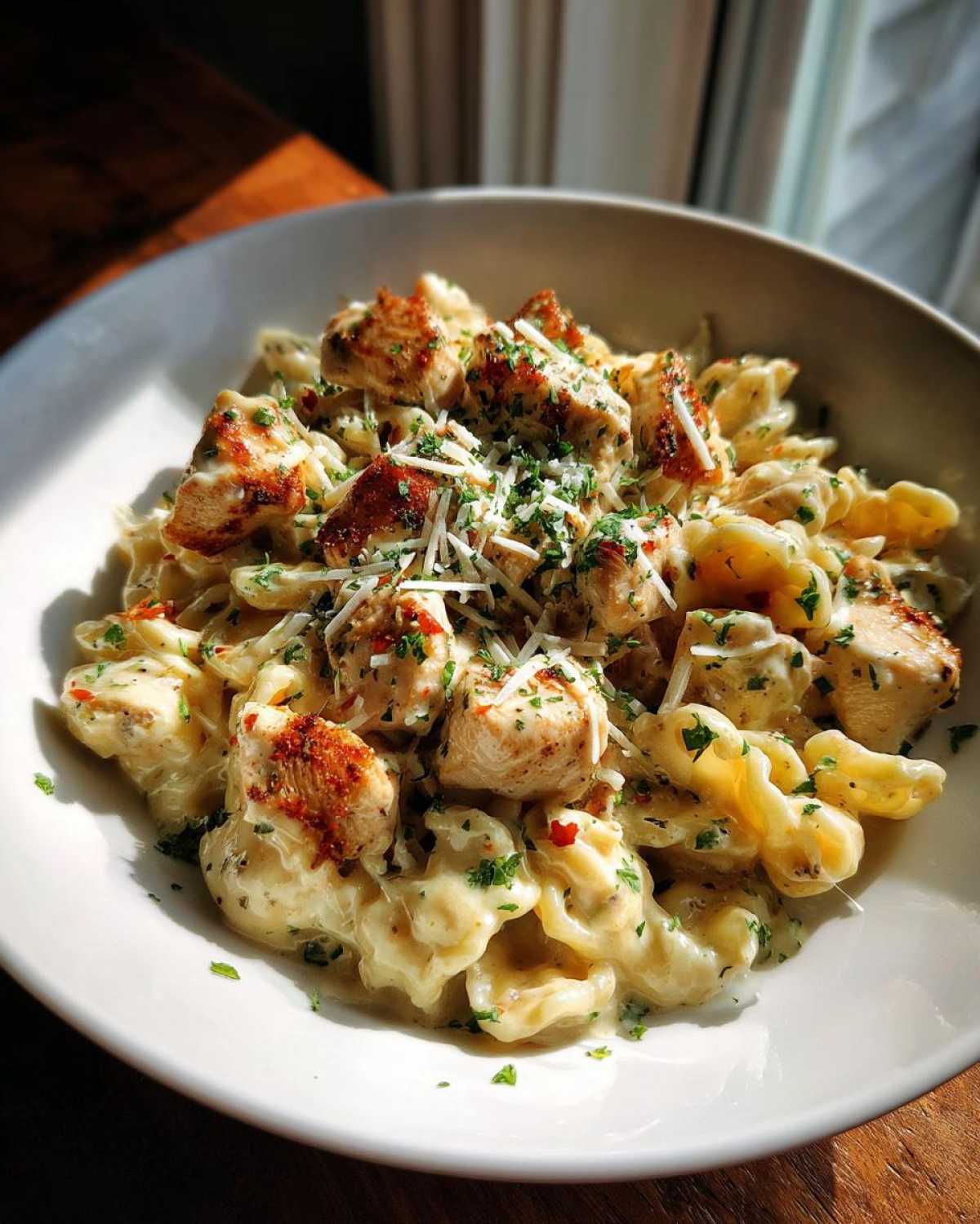 A bowl of creamy Garlic Parmesan chicken pasta topped with chopped parsley and grated cheese.