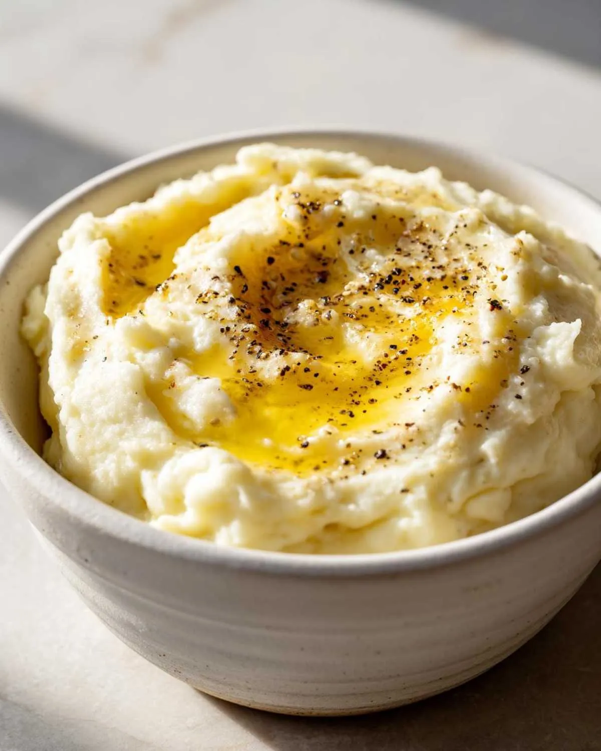 Close-up of a bowl of fluffy mashed potatoes topped with melted butter and cracked black pepper.