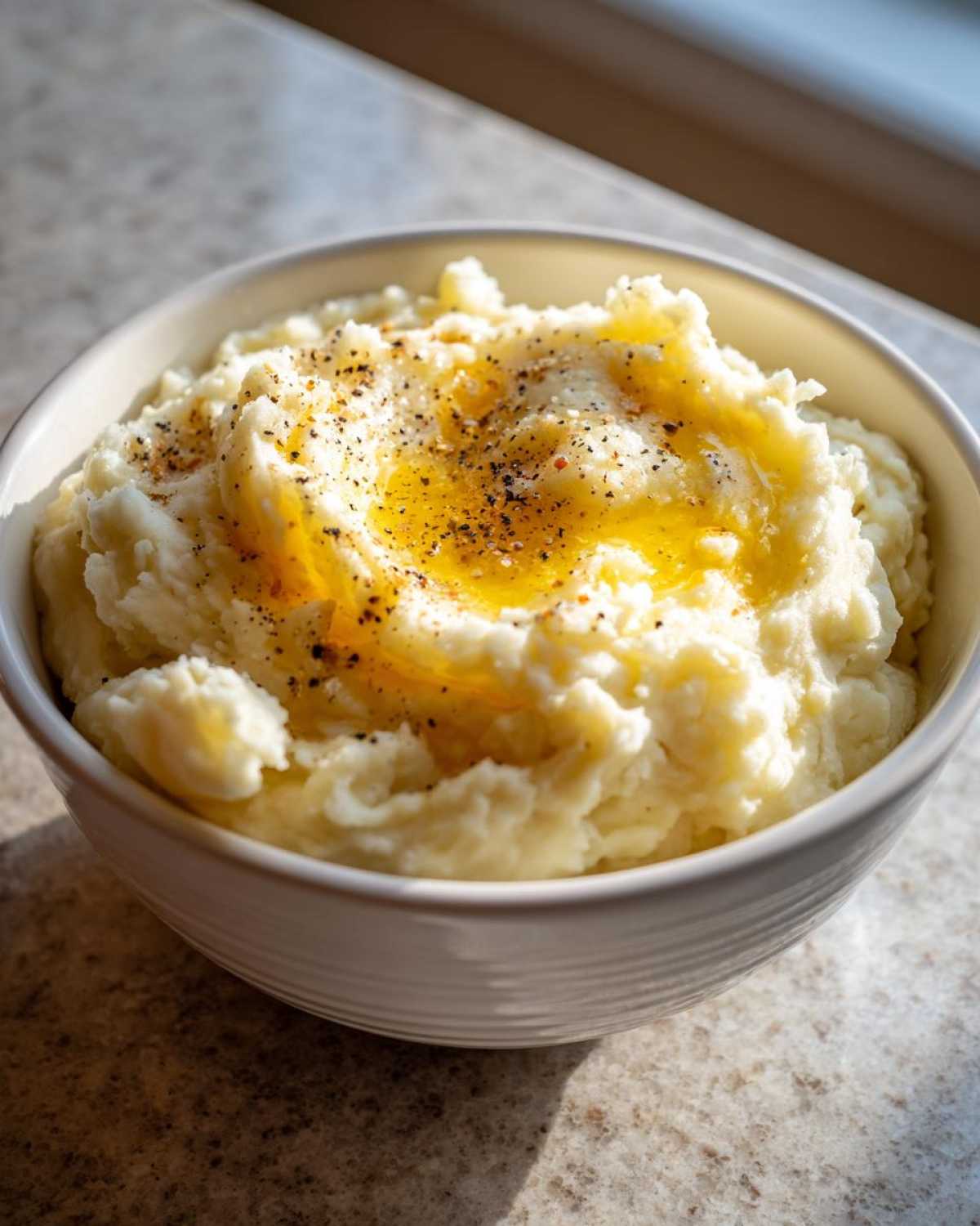 A close-up of a bowl of fluffy mashed potatoes topped with melted butter and cracked black pepper.
