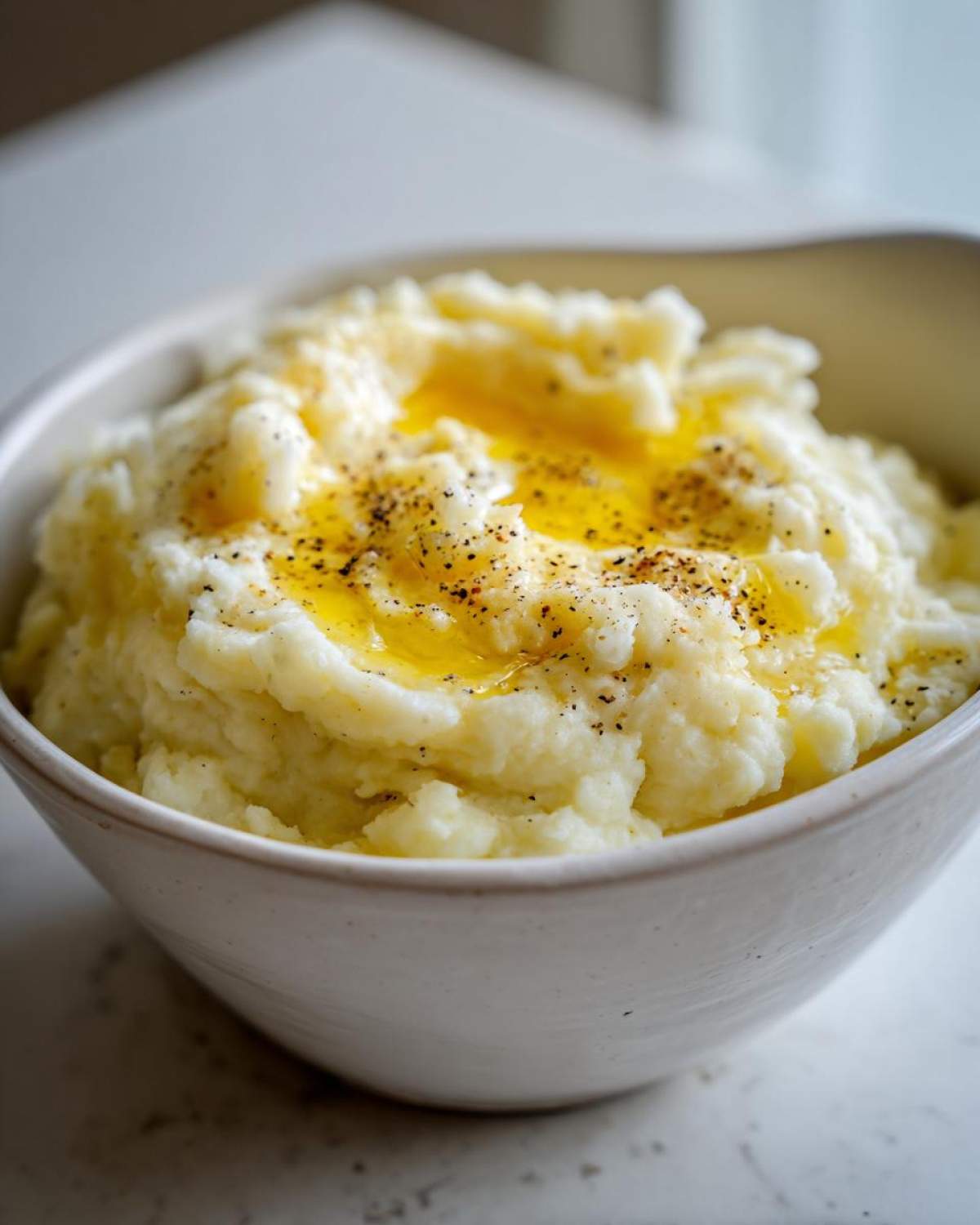 Close-up of fluffy mashed potatoes in a white bowl, topped with melted butter and cracked black pepper.