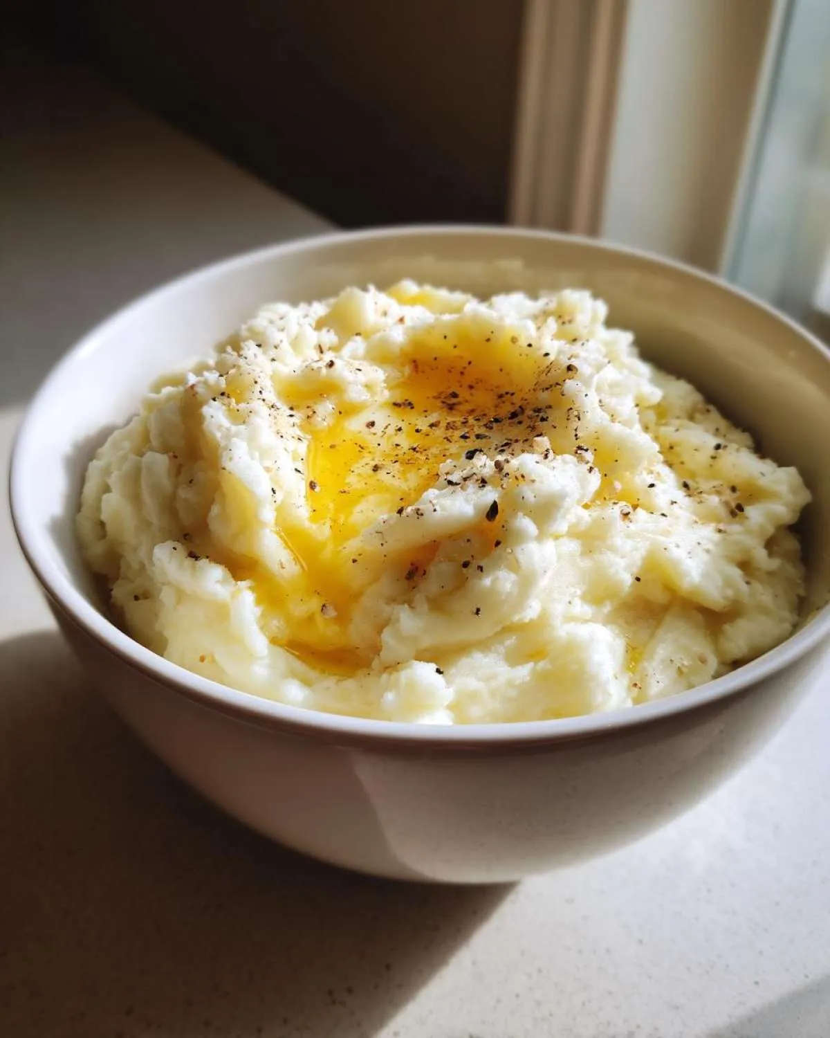 A close-up of a bowl of fluffy mashed potatoes topped with melted butter and cracked black pepper.
