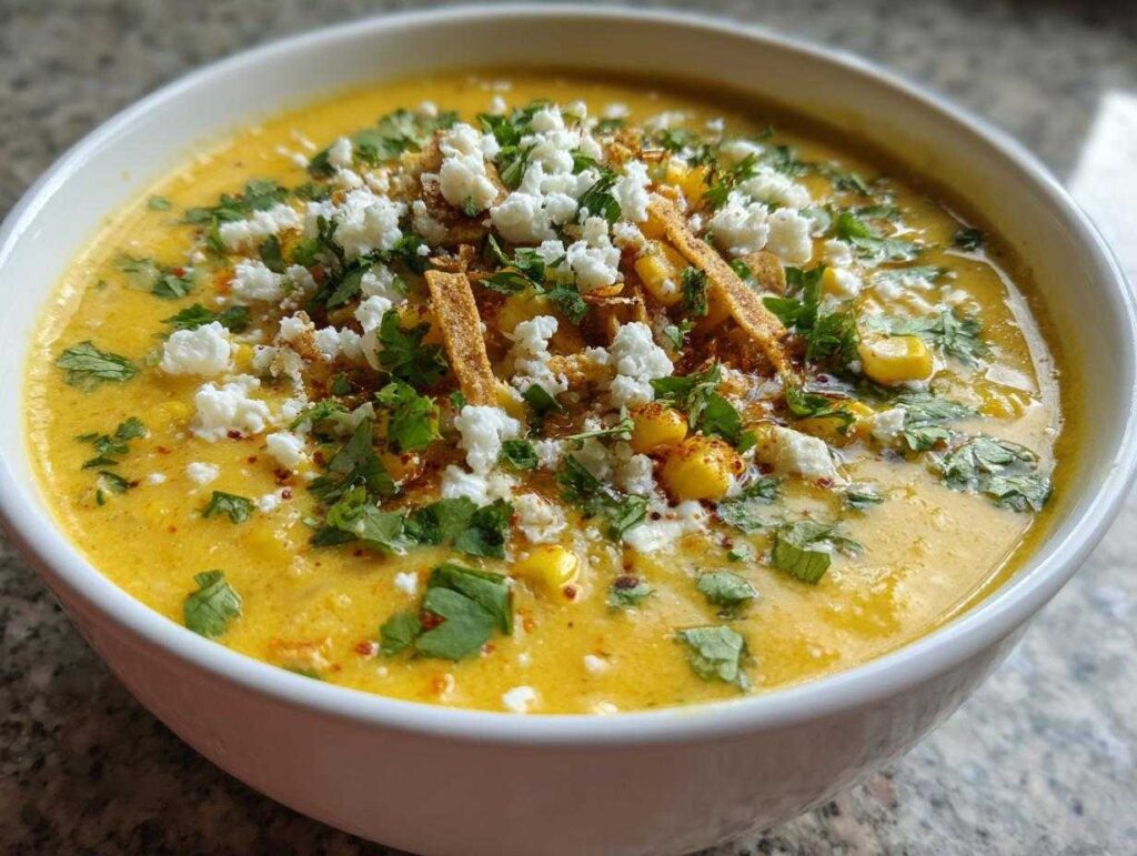 Close-up of a vibrant yellow mexican street corn soup topped with cotija cheese, cilantro, and tortilla strips.