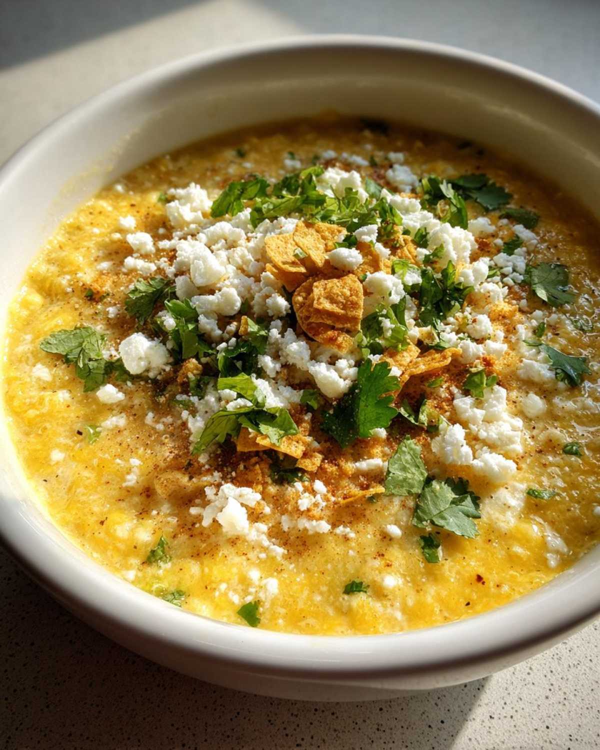A close-up of creamy mexican street corn soup topped generously with cotija cheese, cilantro, and spices.