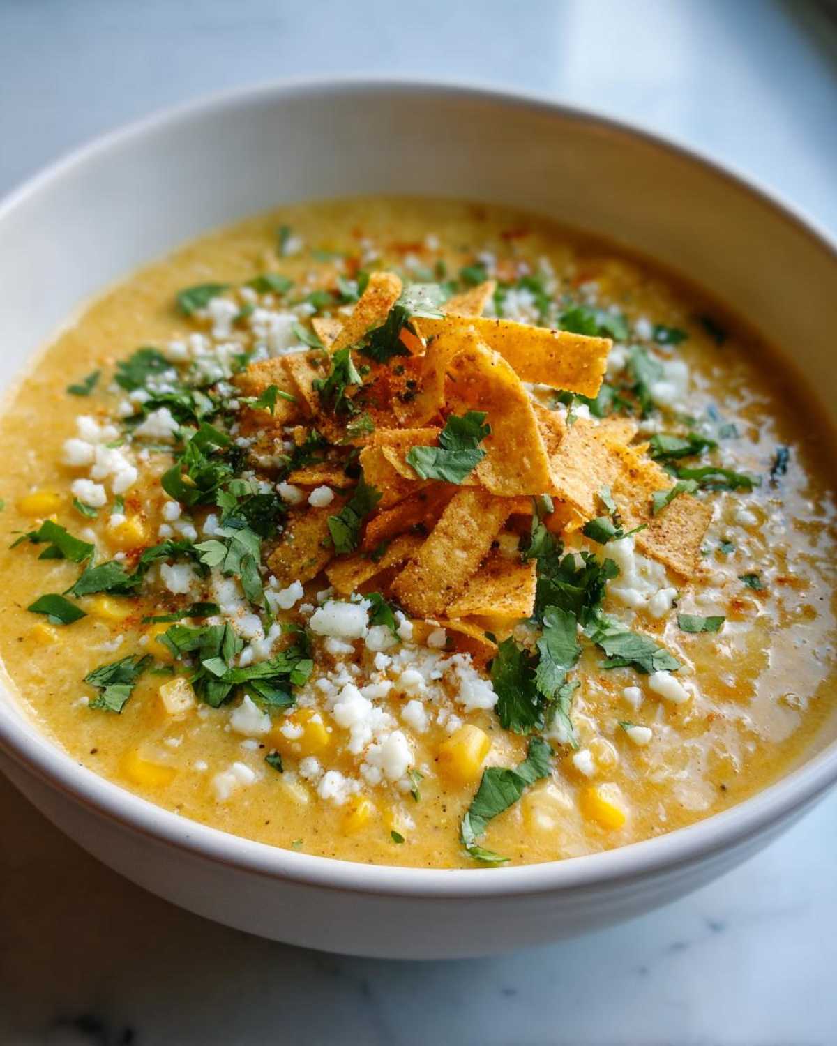 Close-up of a bowl of creamy mexican street corn soup garnished with tortilla strips, cotija cheese, and cilantro.