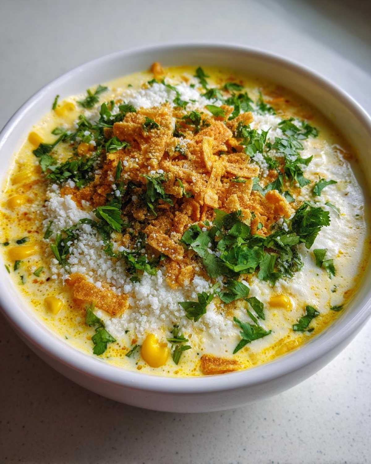A close-up of a bowl of creamy mexican street corn soup topped with cotija cheese, crushed tortilla chips, and cilantro.