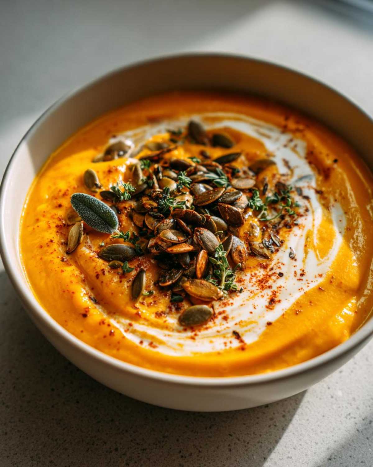 A bowl of creamy roasted pumpkin soup topped with a swirl of cream, toasted pumpkin seeds, and fresh herbs.