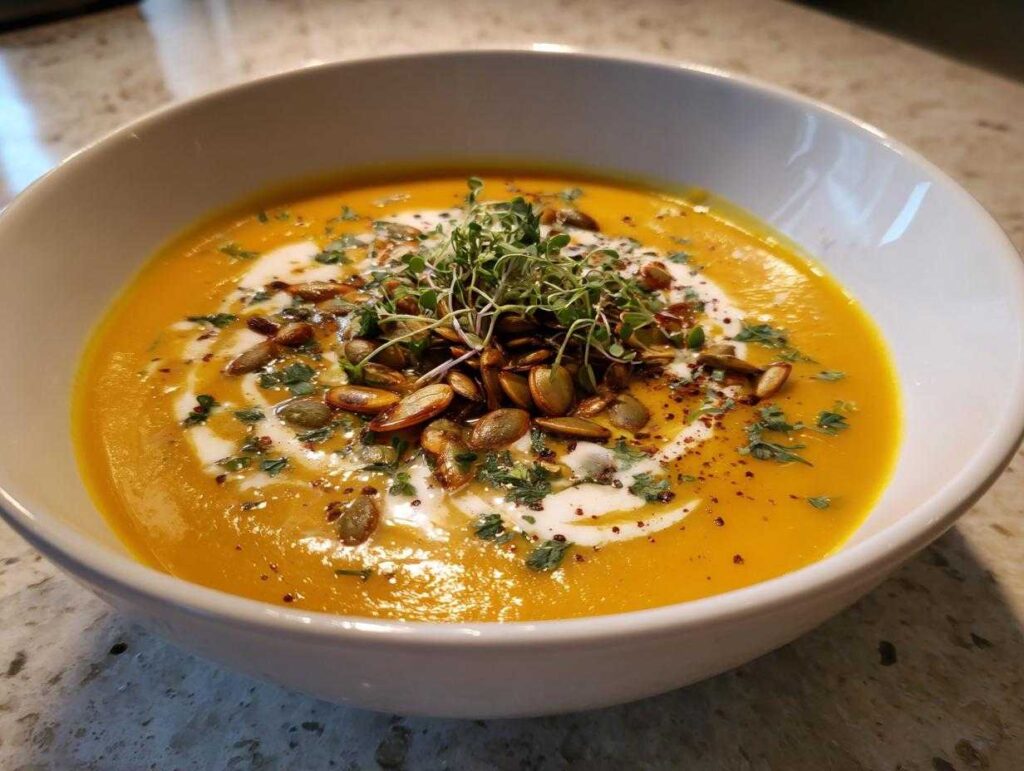 A bowl of creamy roasted pumpkin soup topped with swirls of cream, pumpkin seeds, microgreens, and herbs.