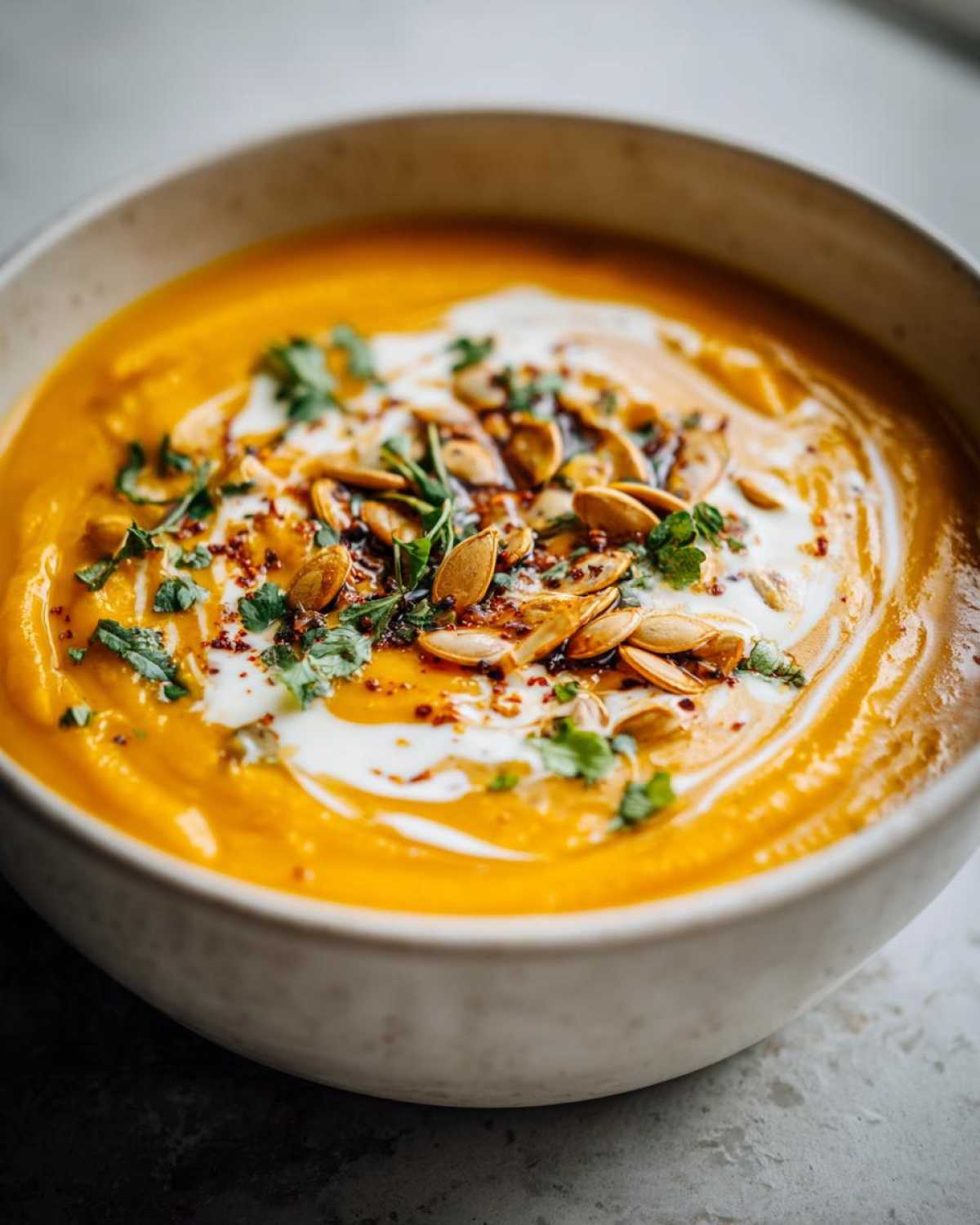 A bowl of creamy roasted pumpkin soup topped with swirls of cream, pumpkin seeds, and fresh herbs.