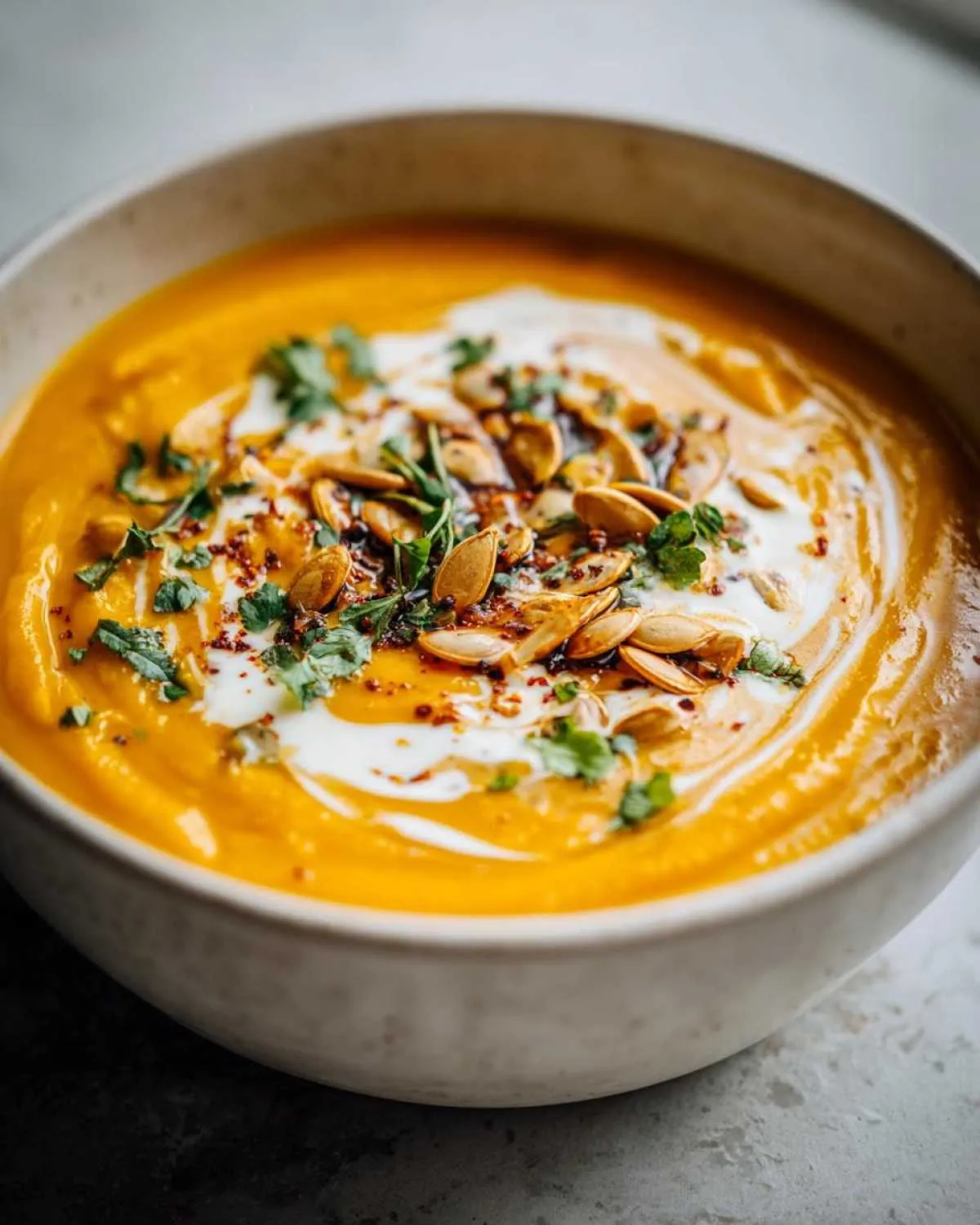 A bowl of creamy roasted pumpkin soup topped with swirls of cream, pumpkin seeds, and fresh herbs.