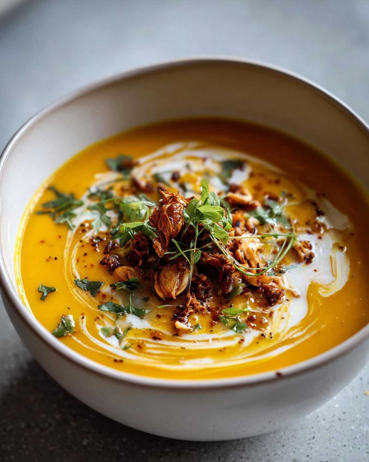 Close-up of a bowl of creamy roasted pumpkin soup, swirled with cream and topped with fresh herbs and crispy garlic.