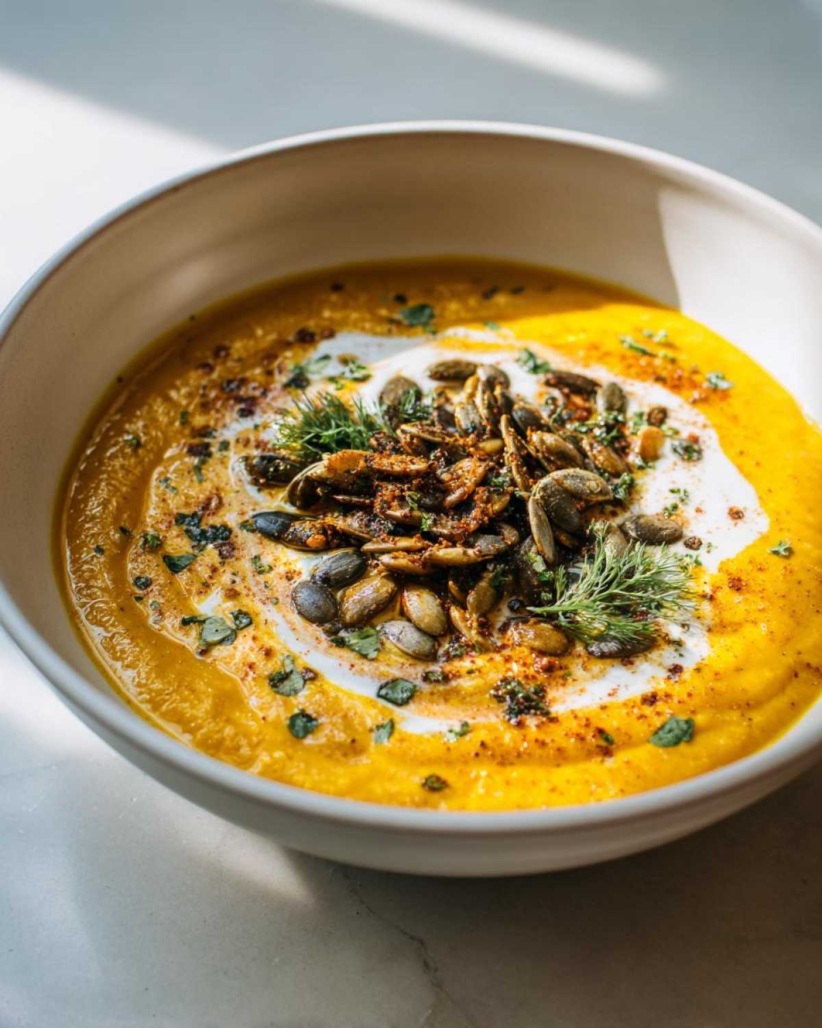 A close-up of a bowl of creamy roasted pumpkin soup, garnished with a swirl of cream, toasted pumpkin seeds, and fresh herbs.