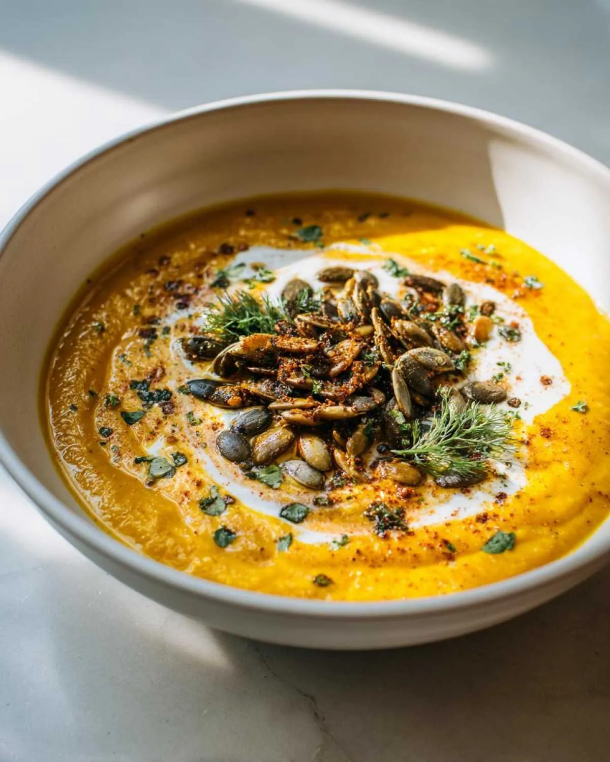 A close-up of a bowl of creamy roasted pumpkin soup, garnished with a swirl of cream, toasted pumpkin seeds, and fresh herbs.