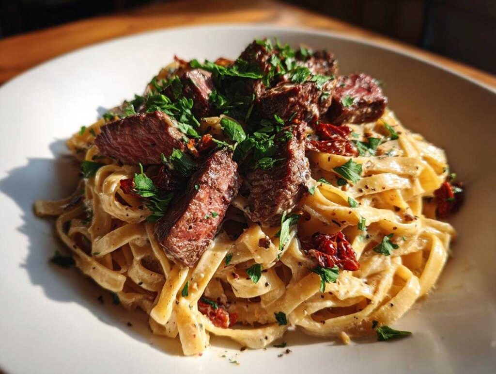 Close-up of a plate of creamy steak pasta, featuring fettuccine noodles coated in a rich sauce, topped with sliced steak and fresh parsley.