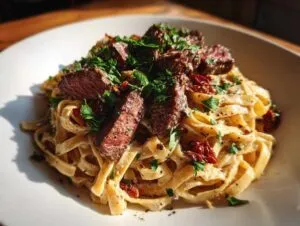 Close-up of a plate of creamy steak pasta, featuring fettuccine noodles coated in a rich sauce, topped with sliced steak and fresh parsley.