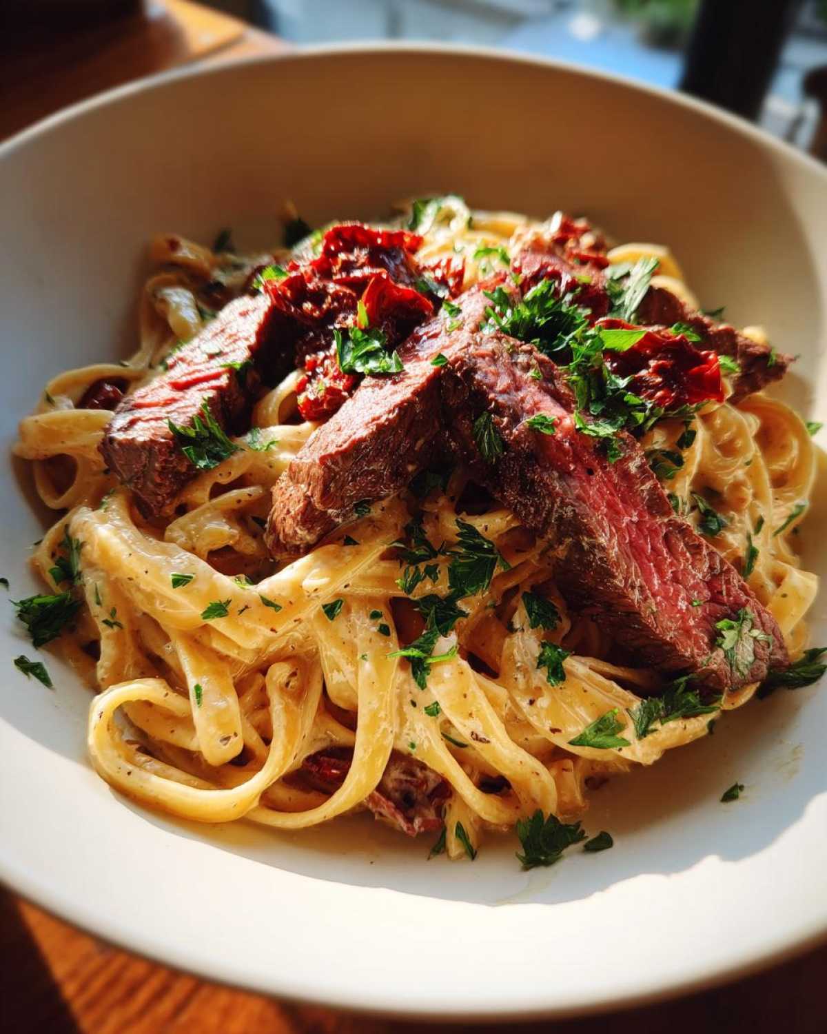 A close-up of creamy steak pasta topped with sliced steak, sun-dried tomatoes, and fresh parsley.