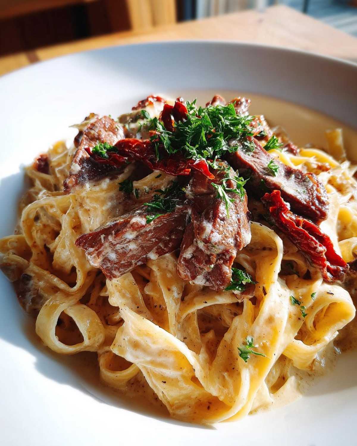 Close-up of a bowl of creamy steak pasta, featuring fettuccine noodles, sliced steak, sun-dried tomatoes, and fresh parsley.