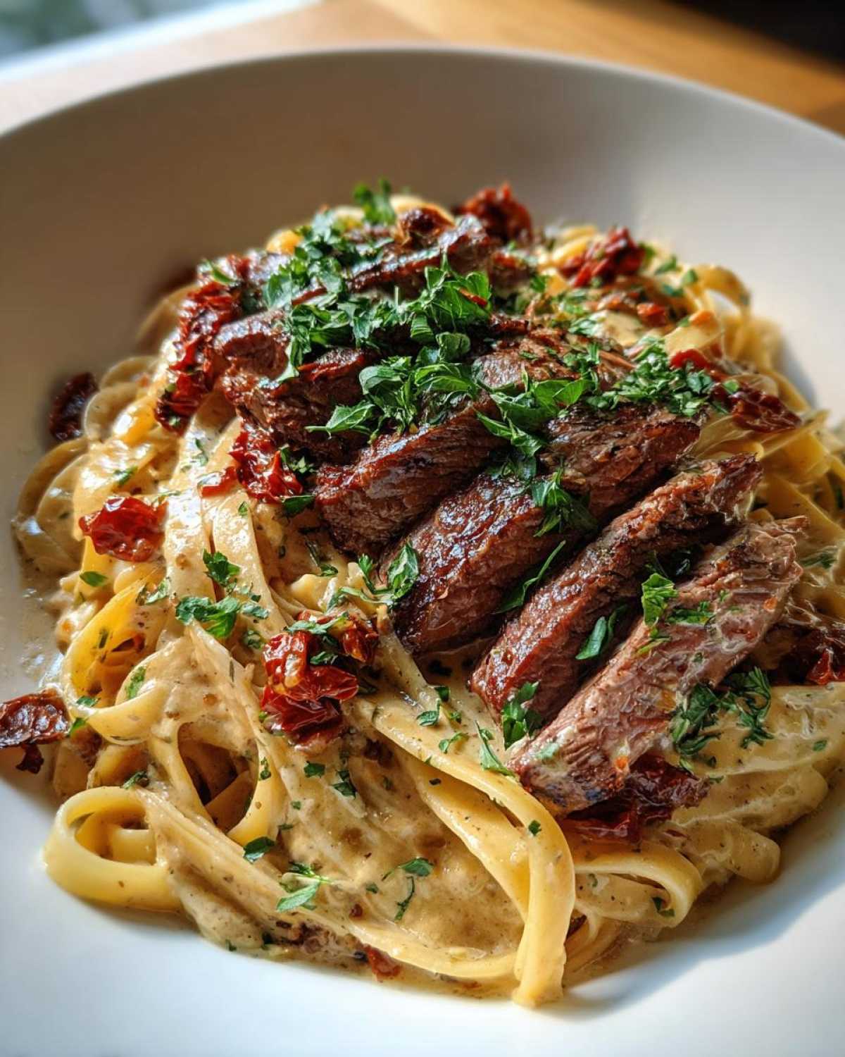 A close-up of creamy steak pasta with sliced steak, sun-dried tomatoes, and fresh parsley.