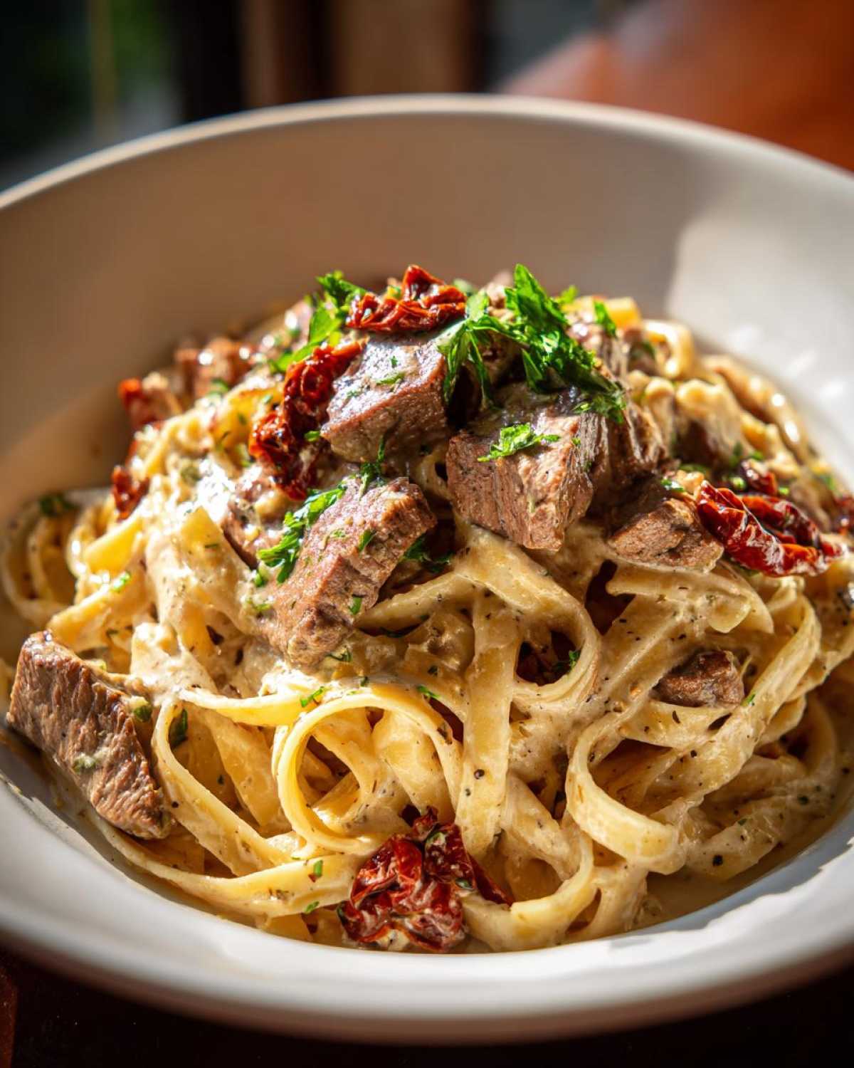 A close-up of creamy steak pasta with tender steak pieces, sun-dried tomatoes, and fresh parsley.