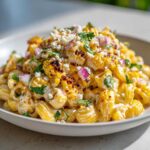 Close-up of a creamy street corn pasta salad featuring charred corn kernels, cotija cheese, and red onion.