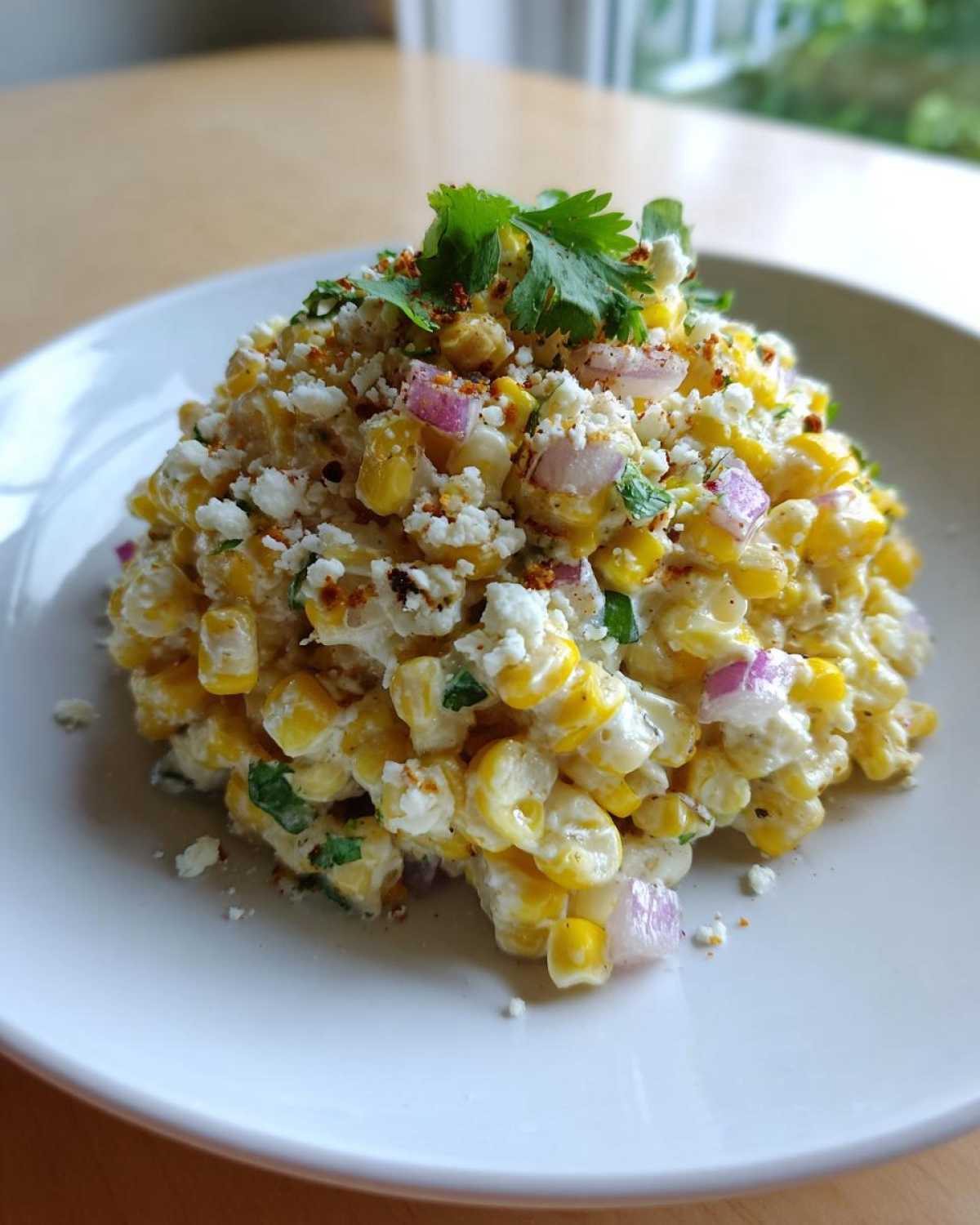 A mound of creamy street corn pasta salad featuring corn kernels, red onion, cotija cheese, and cilantro garnish.