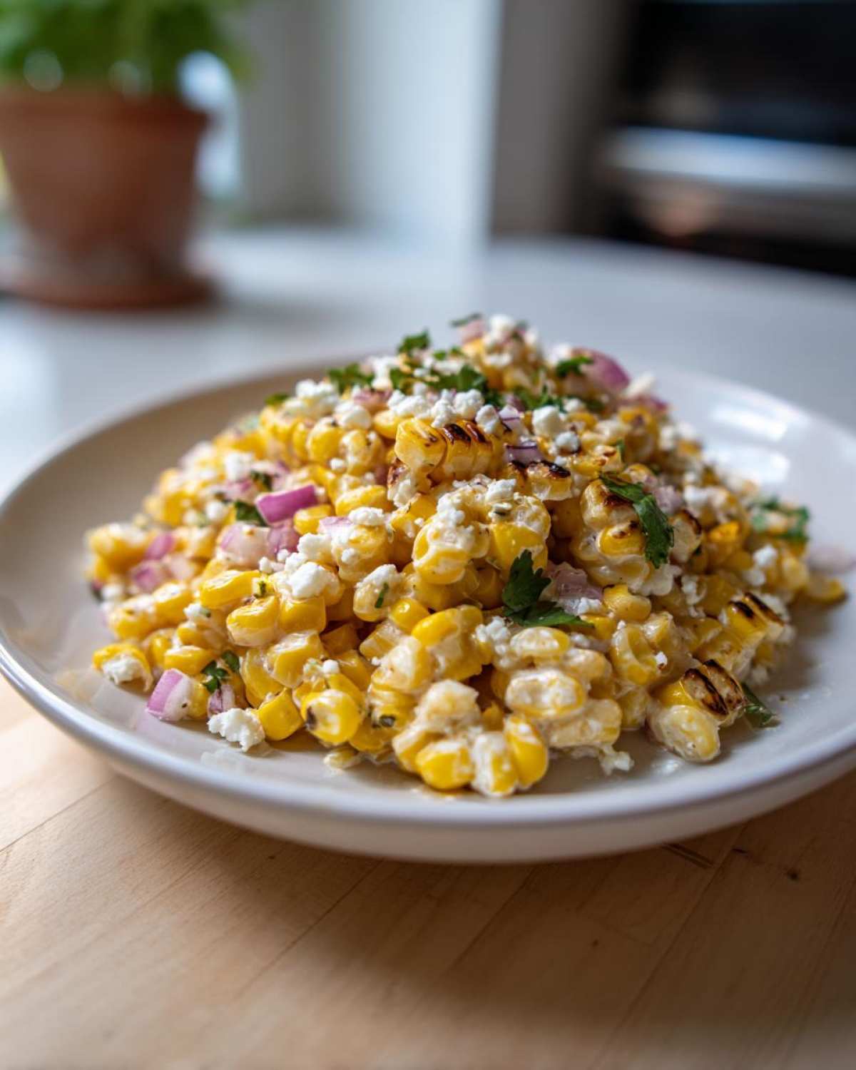 Close-up of grilled corn kernels mixed with creamy dressing, feta cheese, and red onion, resembling a street corn pasta salad.