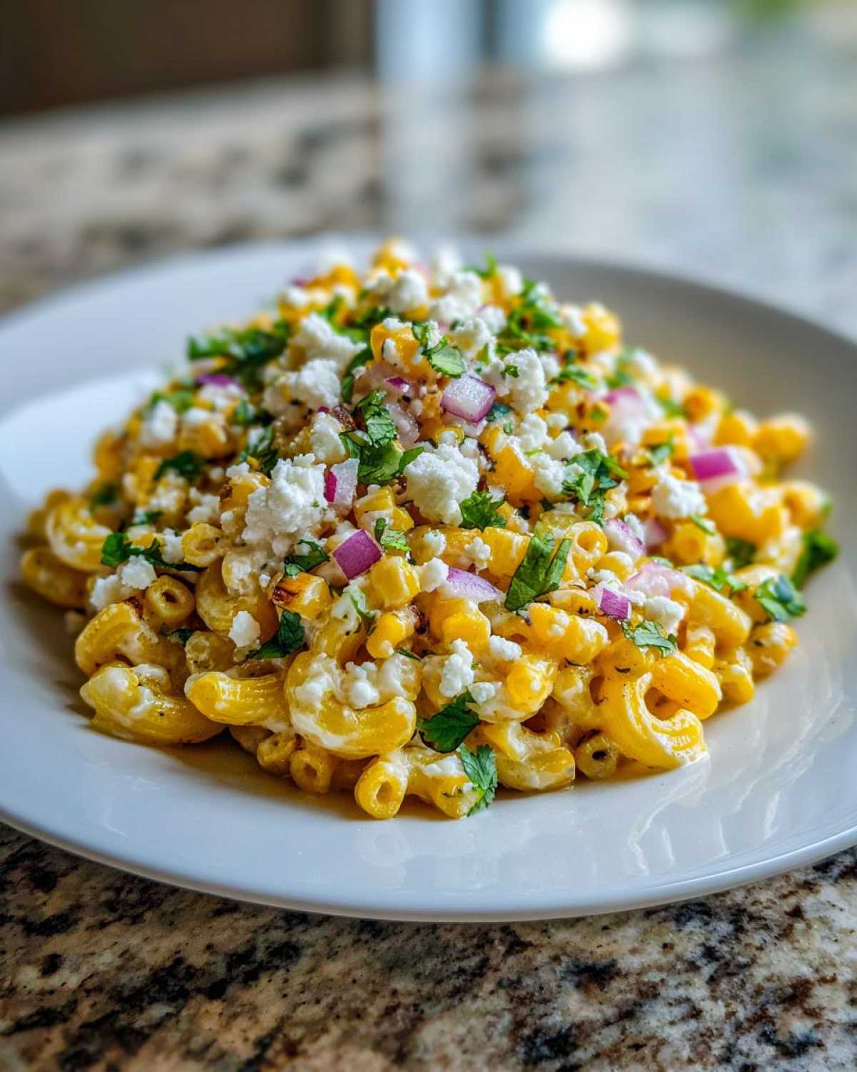A serving of creamy street corn pasta salad topped with crumbled white cheese, red onion, and fresh cilantro.