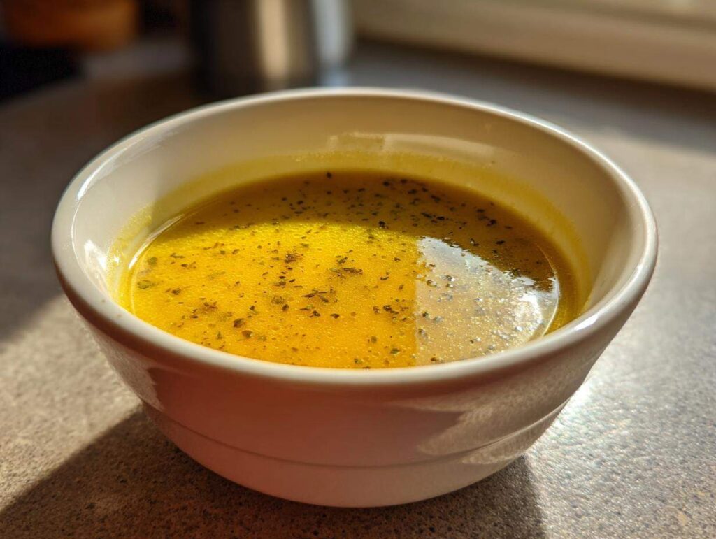 A close-up of a bowl of vibrant yellow creamy vegetable soup, seasoned with herbs.