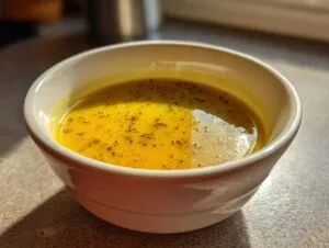 A close-up of a bowl of vibrant yellow creamy vegetable soup, seasoned with herbs.