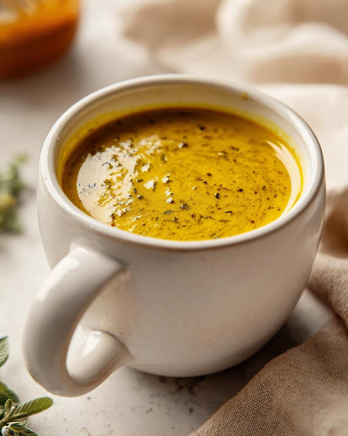 A close-up of a steaming bowl of creamy vegetable soup, seasoned with herbs and spices.