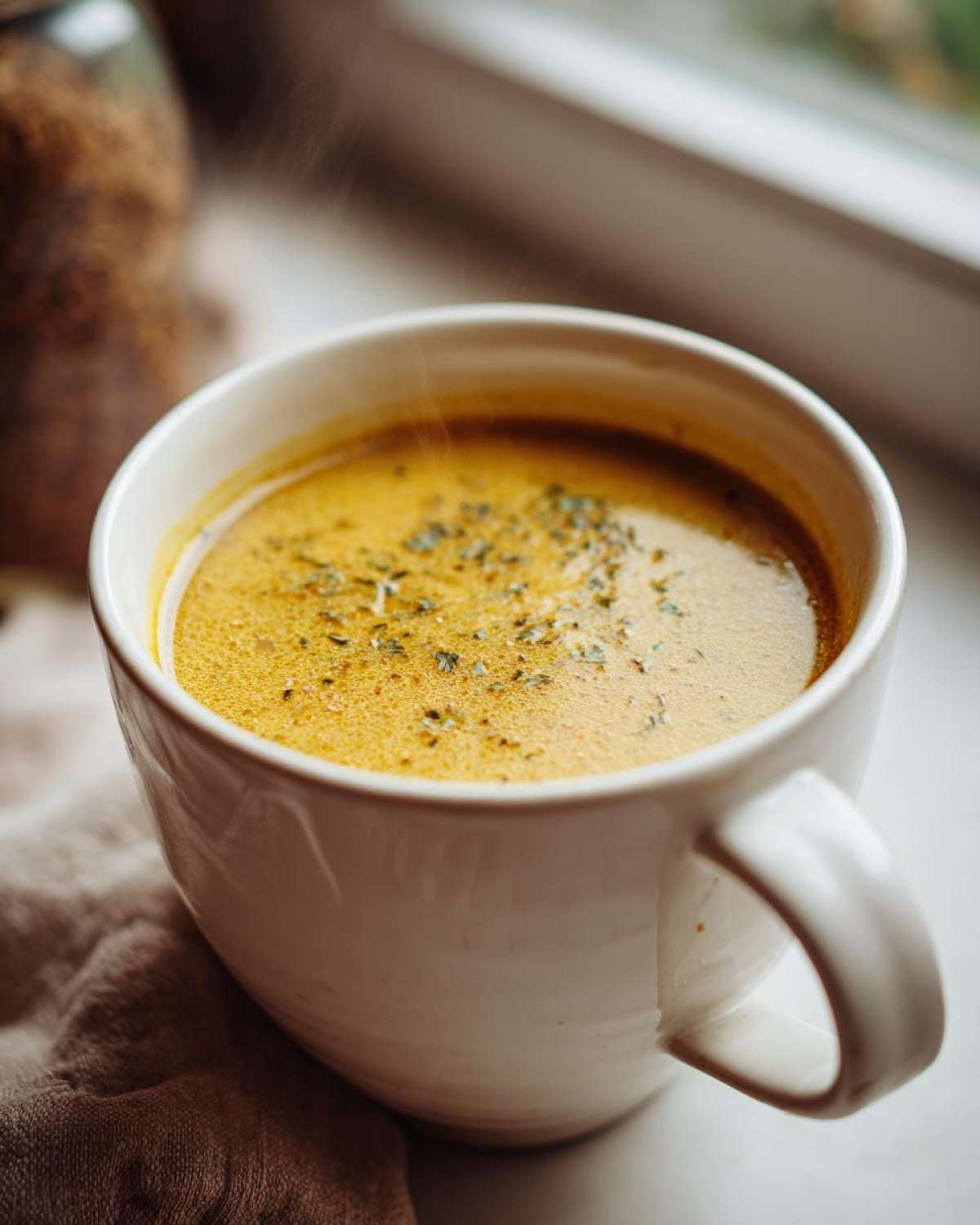 A close-up shot of a steaming white mug filled with creamy vegetable soup, garnished with herbs.