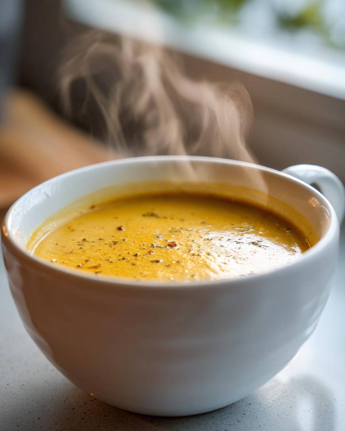 A close-up shot of a white bowl filled with hot, steaming creamy vegetable soup, garnished with herbs.
