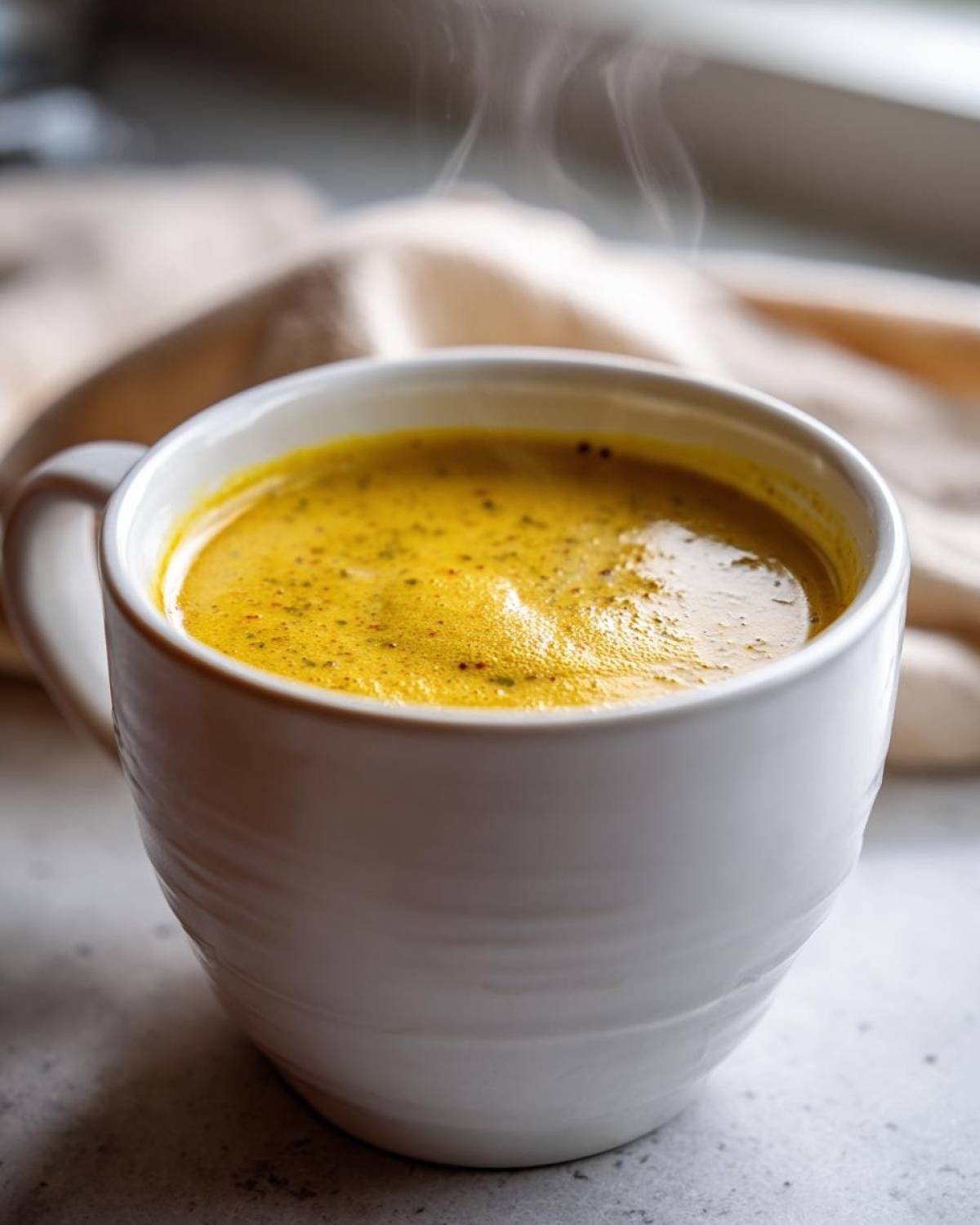 A close-up of a white mug filled with steaming, vibrant yellow creamy vegetable soup.
