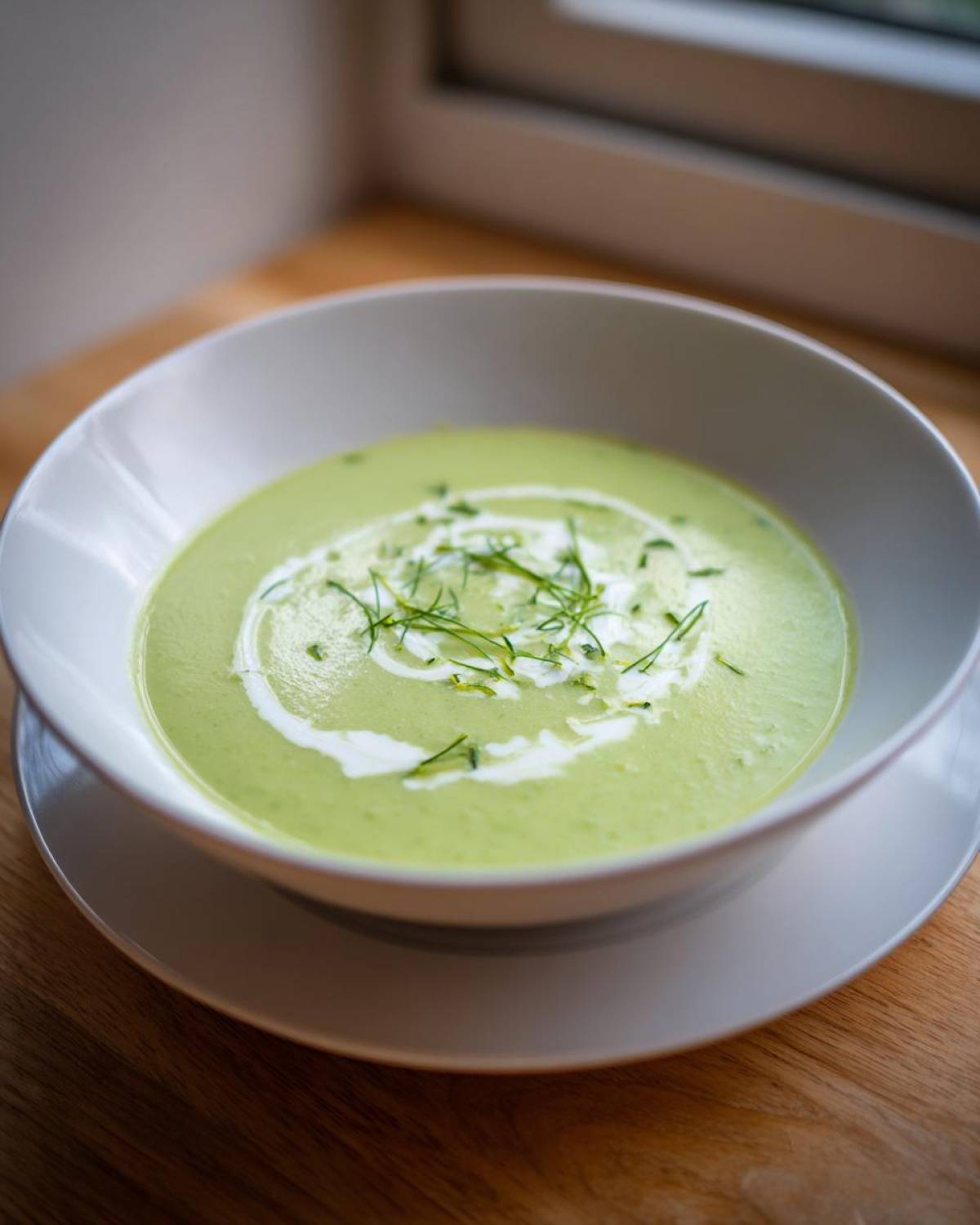 A bowl of vibrant green zucchini soup, garnished with a swirl of cream and fresh herb slivers.