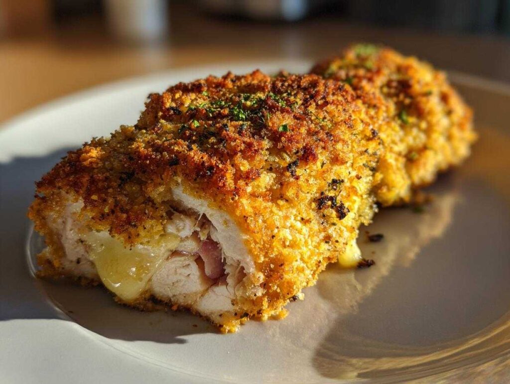 Close-up of a crispy Chicken Cordon Bleu on a plate, with melted cheese oozing out.