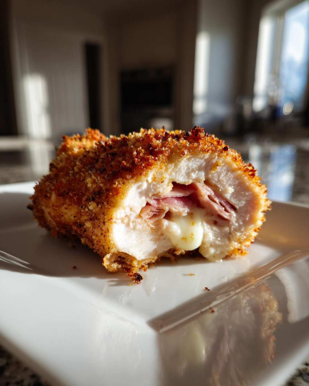 A close-up of a crispy Chicken Cordon Bleu on a white plate, showing melted cheese oozing out.