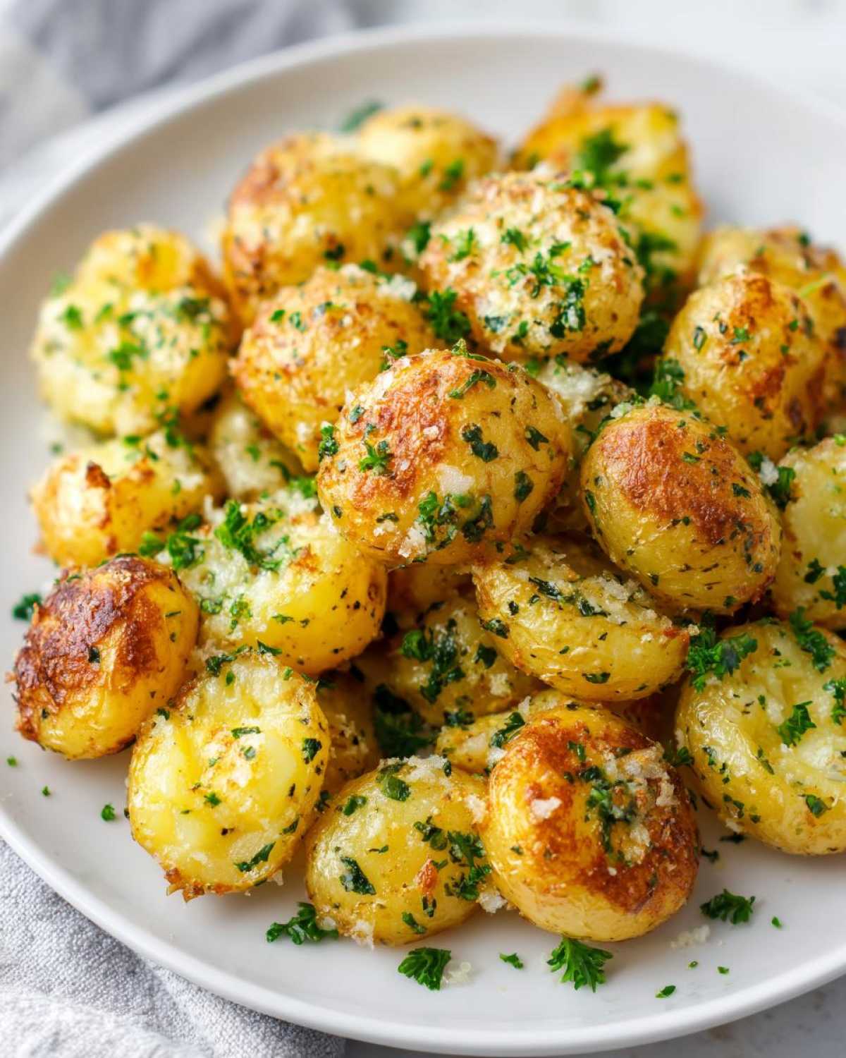 A close-up of a white plate piled high with crispy garlic butter potatoes, sprinkled with fresh parsley and grated cheese.