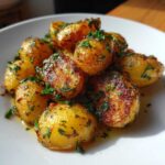 A close-up of crispy garlic butter potatoes, glistening with butter and sprinkled with fresh parsley.