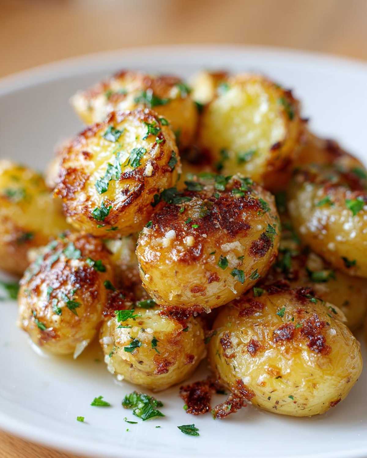 A close-up of a pile of crispy garlic butter potatoes, seasoned with fresh parsley.