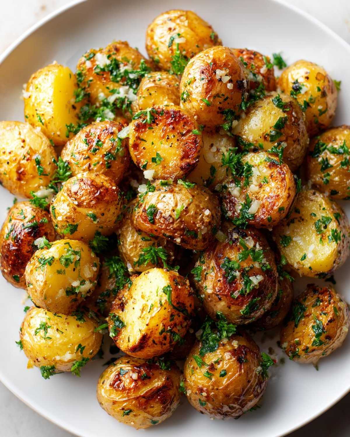 A close-up of crispy garlic butter potatoes, glistening and topped with fresh parsley.
