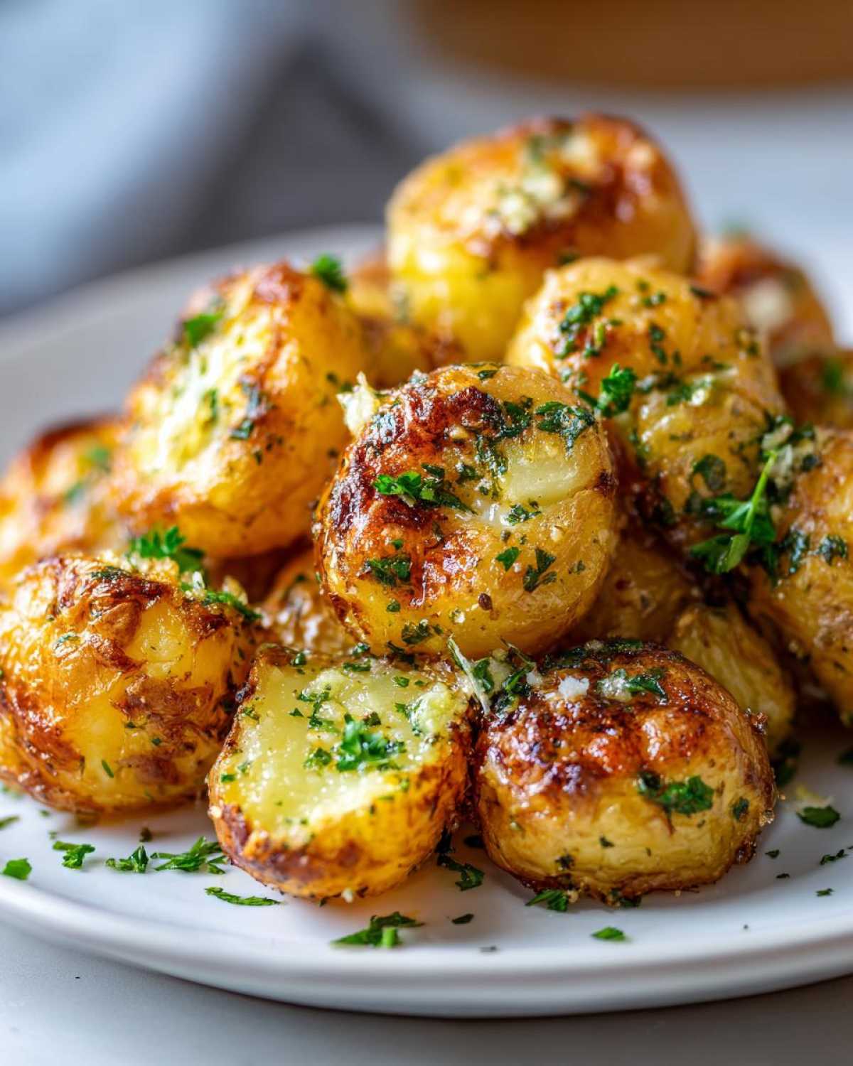 Close-up of a pile of crispy garlic butter potatoes, garnished with fresh parsley.