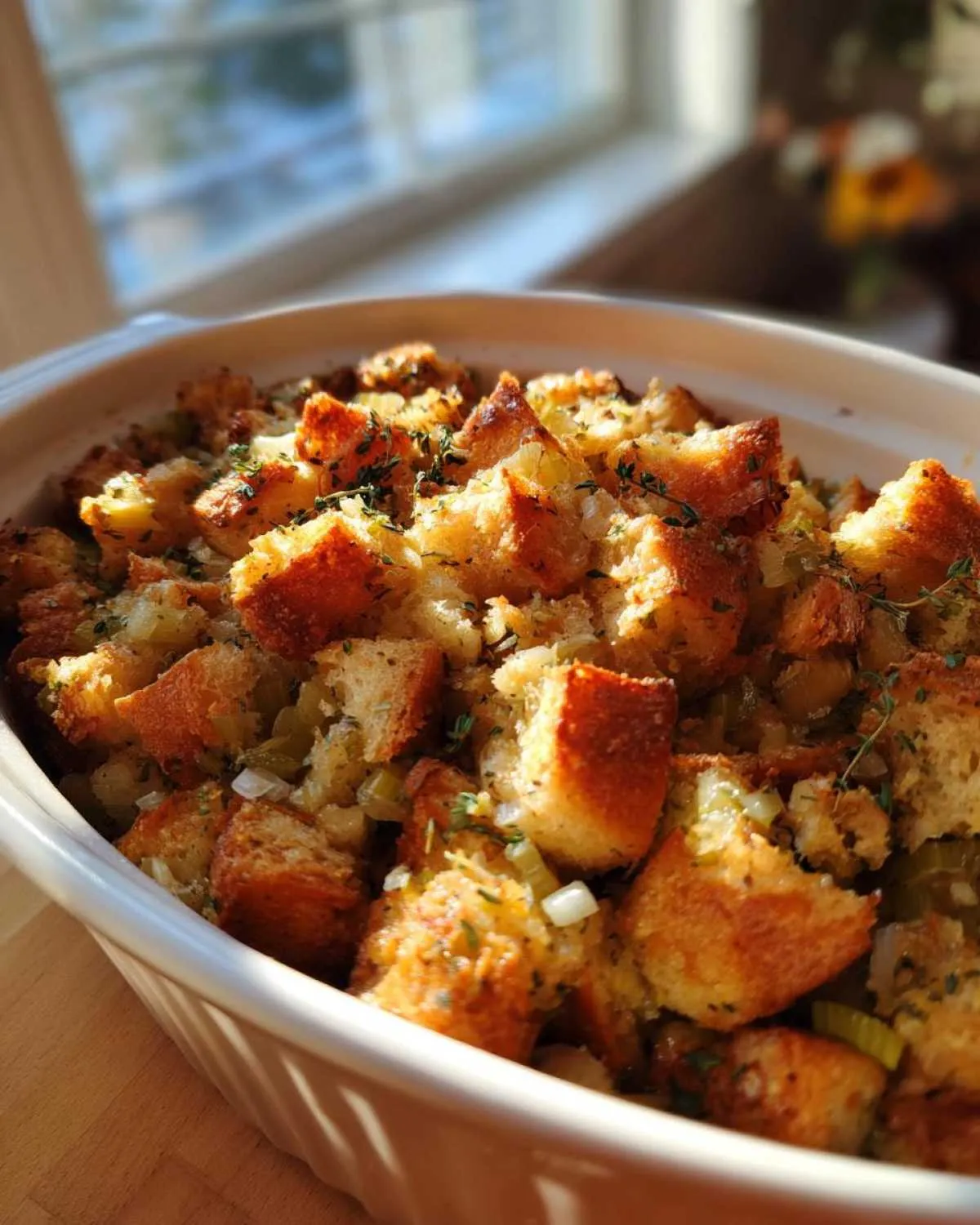 Close-up of a white baking dish filled with golden-brown crock pot stuffing, garnished with fresh herbs.