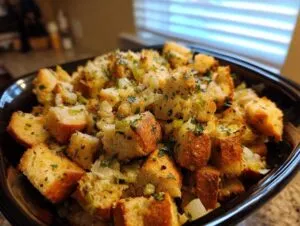A close-up view of delicious buttery crock pot stuffing in a black bowl, featuring toasted bread cubes and fresh herbs.