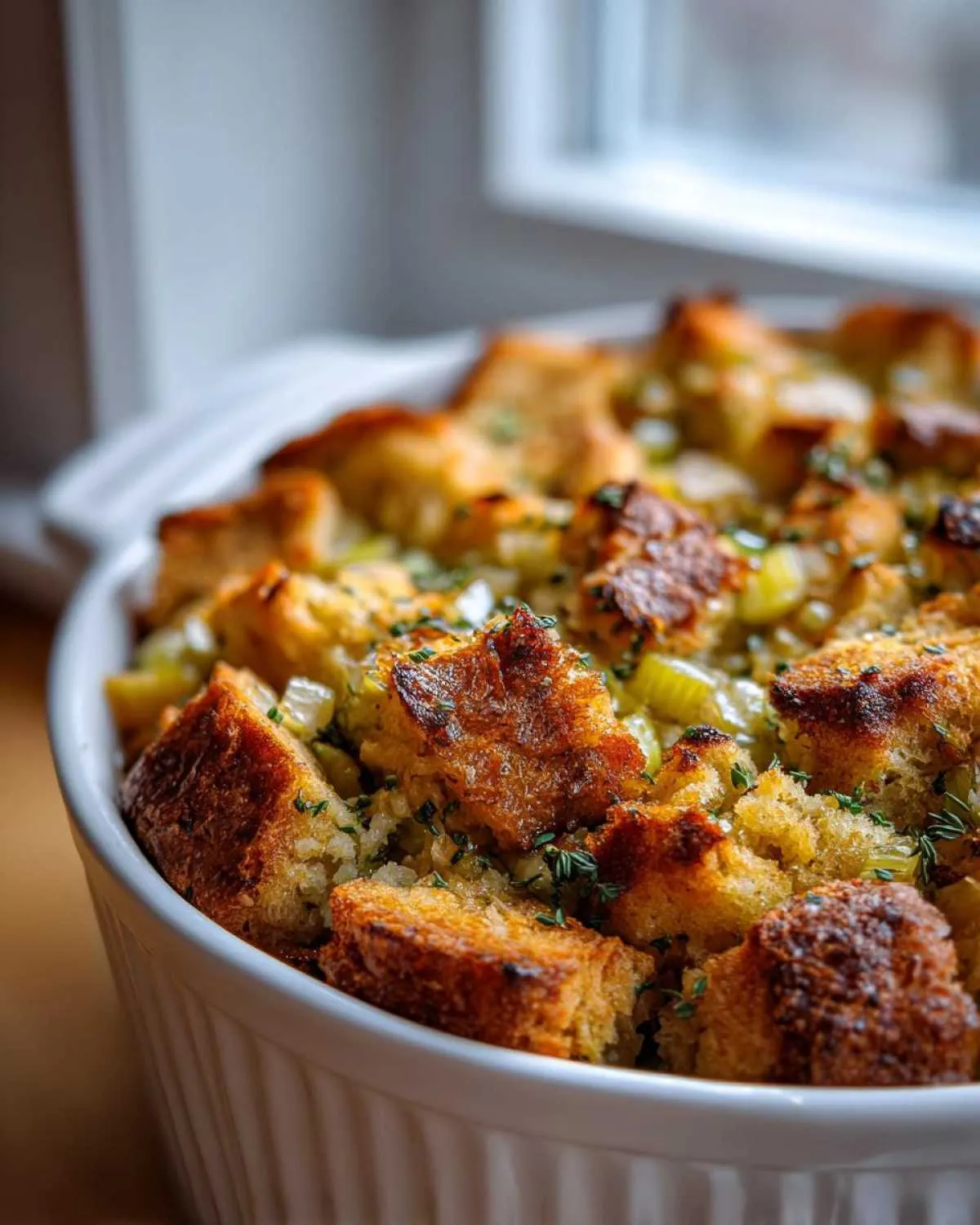 Close-up of golden-brown, buttery crock pot stuffing with visible bread cubes, celery, and herbs.