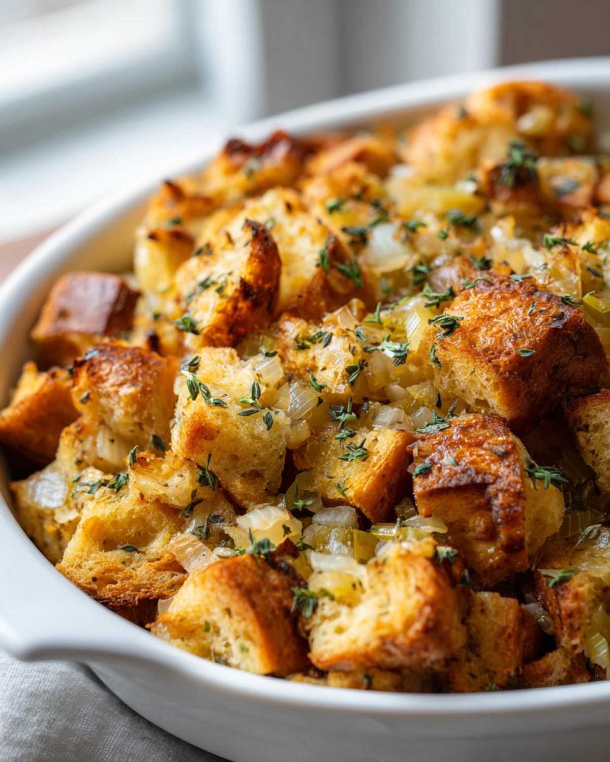 Close-up of golden brown bread cubes in a white dish, mixed with onions, celery, and fresh thyme, showcasing delicious crock pot stuffing.